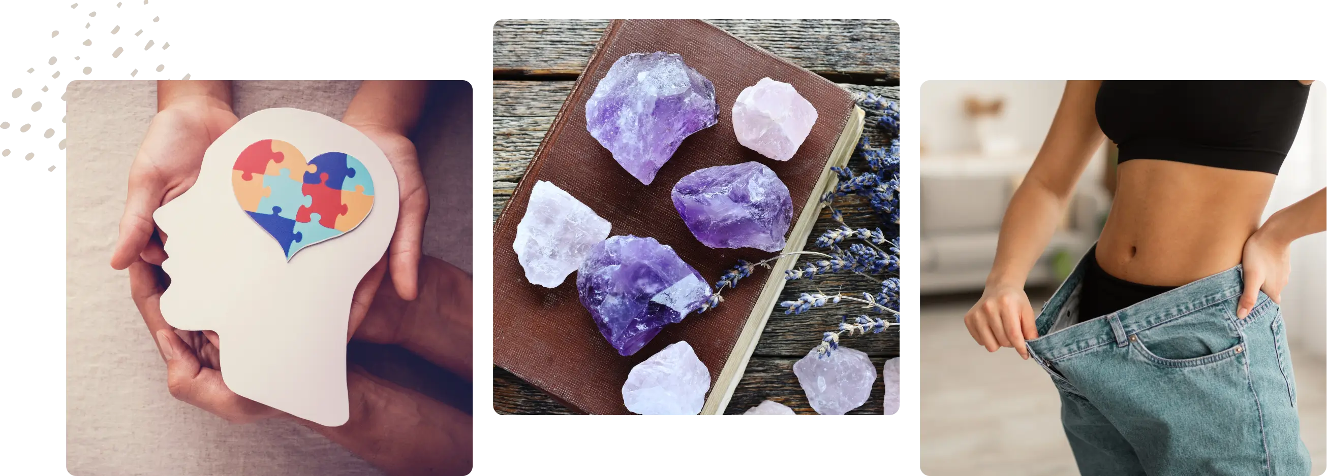 Hands holding autism heart, crystals, fitness.