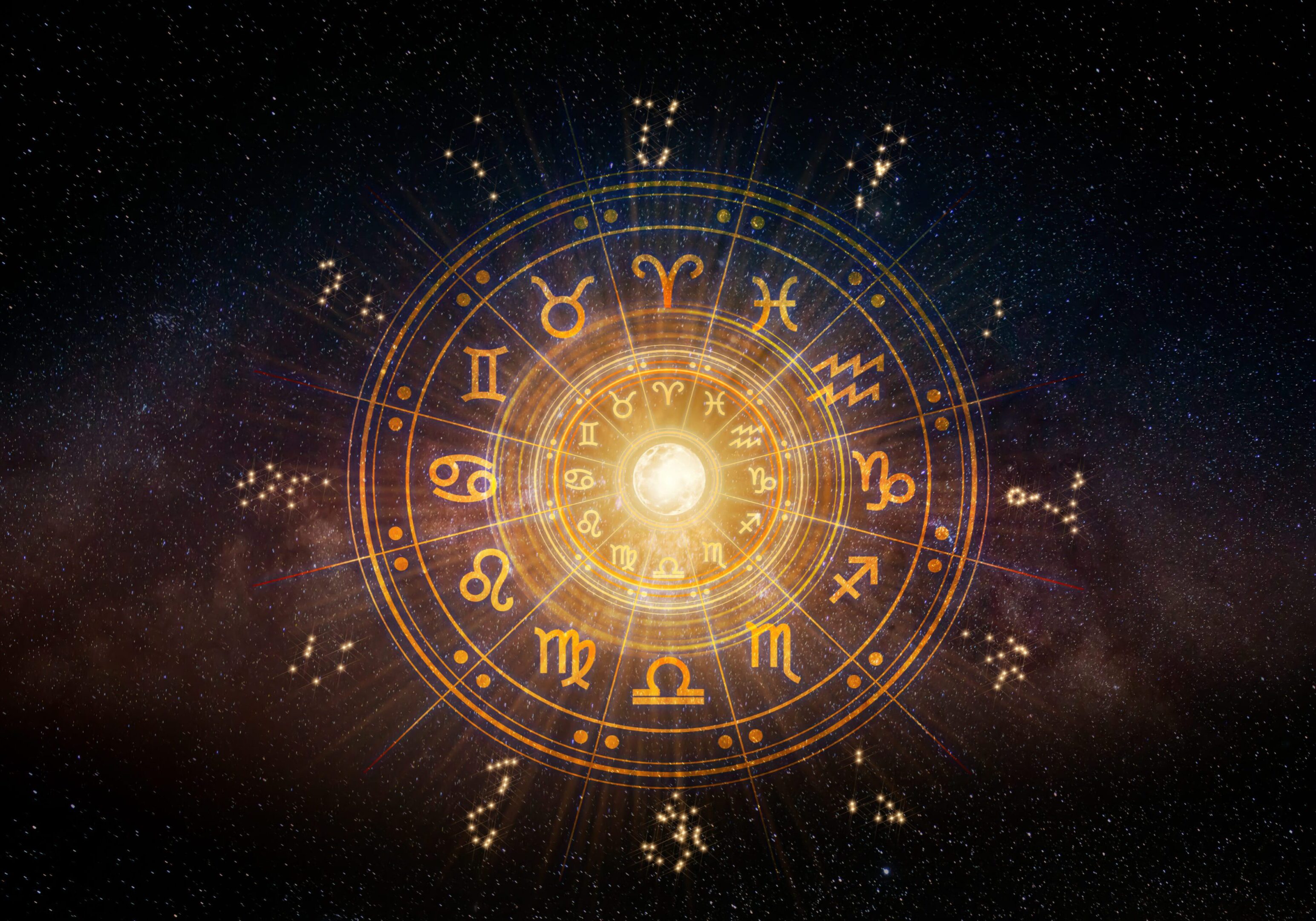 Zodiac signs inside of horoscope circle. Astrology in the sky with many stars and moons astrology and horoscopes concept